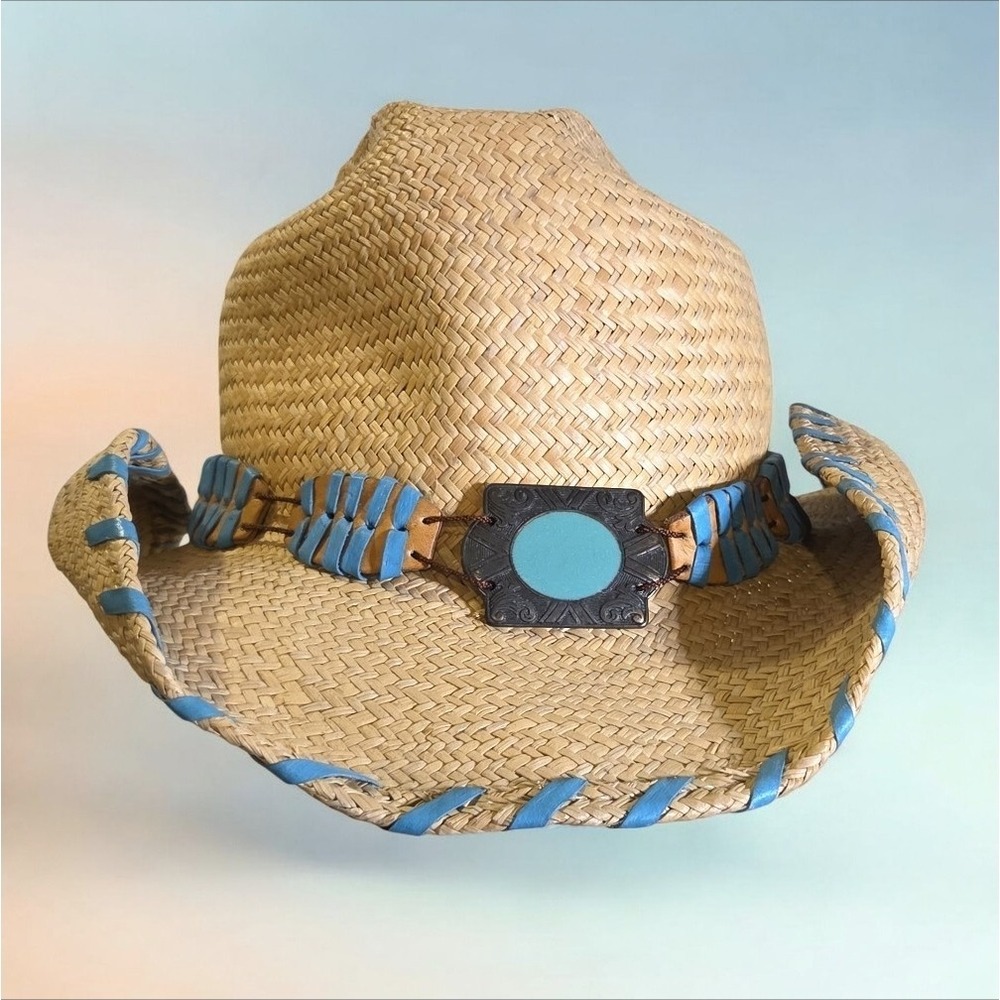 BULLHIDE Delmar Straw Cowboy Hat Rodeo Leather & Faux Turquoise Buckle Size L - Picture 4 of 8